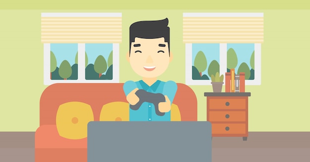 Hombre jugando videojuegos ilustración vectorial.
