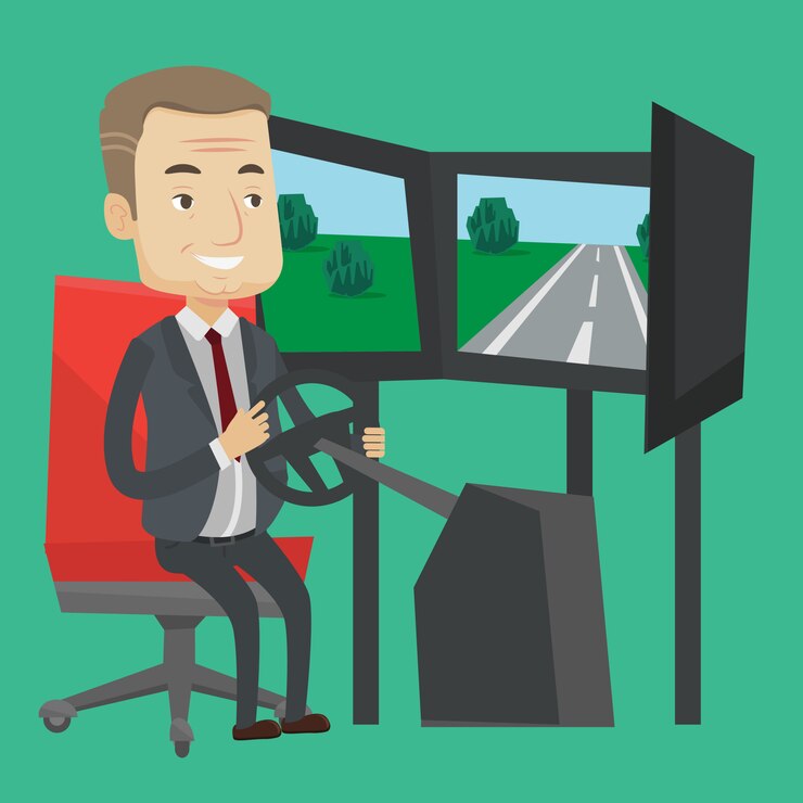 Vector hombre jugando videojuegos con rueda de juego.