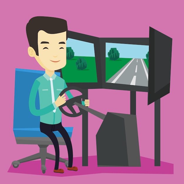 Hombre jugando videojuegos con rueda de juego.