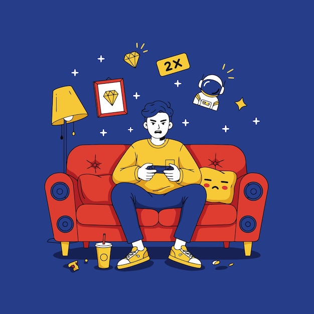 Hombre jugando a videojuegos en el sofá rodeado de elementos de juegos digitales