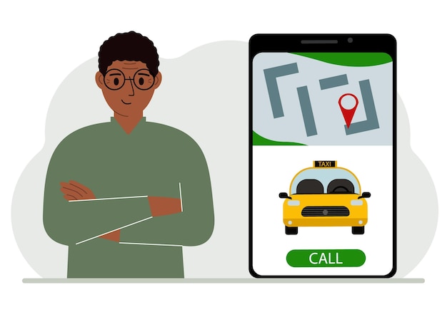 Un hombre junto a un gran teléfono inteligente en la pantalla que tiene un taxi y geolocalización El concepto de una aplicación de taxi móvil o pedir un taxi en línea