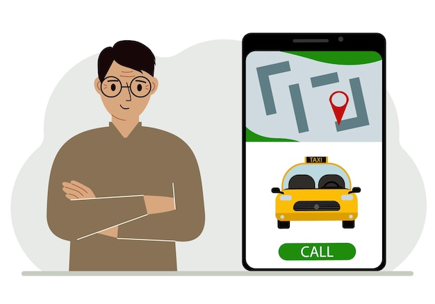 Un hombre junto a un gran teléfono inteligente en la pantalla que tiene un taxi y geolocalización El concepto de una aplicación de taxi móvil o pedir un taxi en línea
