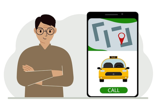 Un hombre junto a un gran teléfono inteligente en la pantalla que tiene un taxi y geolocalización el concepto de una aplicación de taxi móvil o pedir un taxi en línea