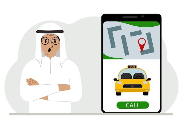 Un hombre junto a un gran teléfono inteligente en la pantalla que tiene un taxi y geolocalización El concepto de una aplicación de taxi móvil o pedir un taxi en línea