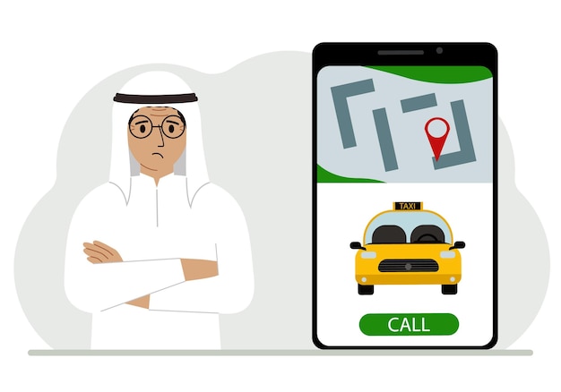 Un hombre junto a un gran teléfono inteligente en la pantalla que tiene un taxi y geolocalización El concepto de una aplicación de taxi móvil o pedir un taxi en línea