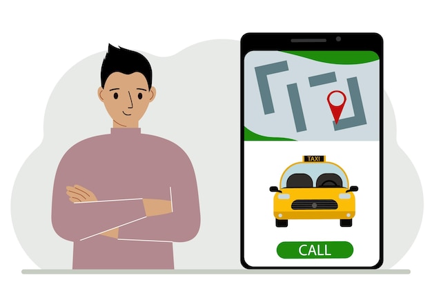 Un hombre junto a un gran teléfono inteligente en la pantalla que tiene un taxi y geolocalización El concepto de una aplicación de taxi móvil o pedir un taxi en línea