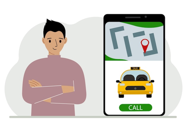Un hombre junto a un gran teléfono inteligente en la pantalla que tiene un taxi y geolocalización el concepto de una aplicación de taxi móvil o pedir un taxi en línea