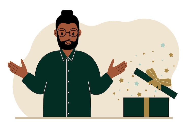 Vector un hombre junto a un regalo abierto el concepto de un descuento de promoción sorpresa navideña