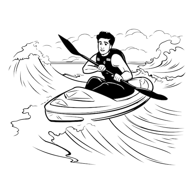 Vector hombre en un kayak en el agua ilustración en blanco y negro