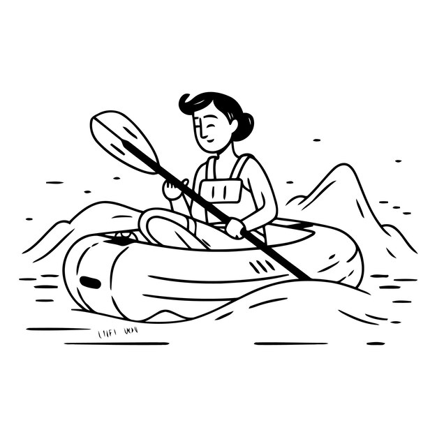 Vector hombre en kayak en estilo doodle