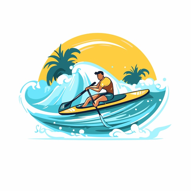 Hombre en un kayak en las olas del océano Ilustración vectorial