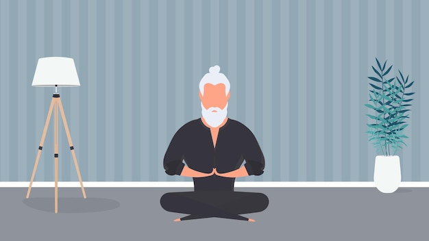 Un hombre con un kimono negro medita. Maestro de Kung Fu. El chico está haciendo yoga. Vector.