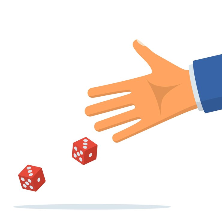 Vector el hombre lanza dados dados rojos sobre la mesa una persona ávida jugador jugando en la mano vector ilustración plana d