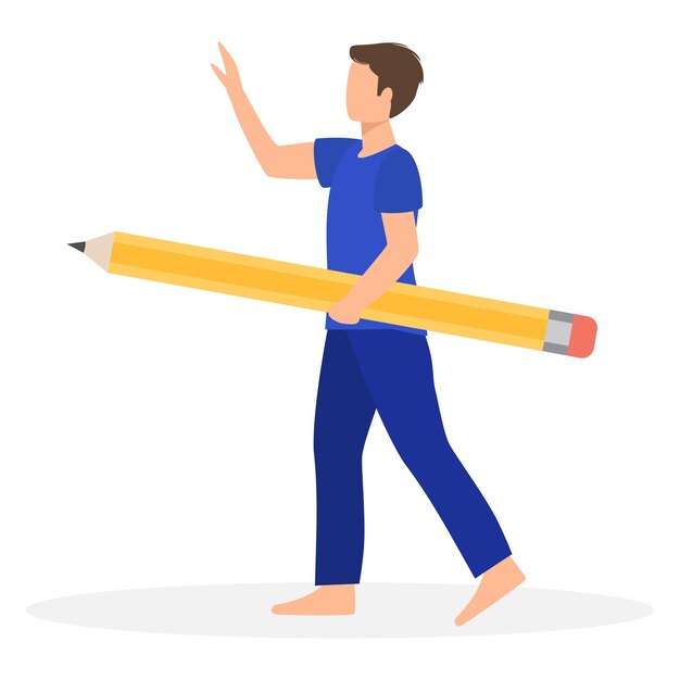 El hombre va con lápiz grande aislado sobre fondo blanco. ilustración vectorial