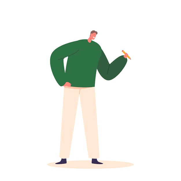 Hombre con lápiz en la mano aislado sobre fondo blanco el personaje masculino aparece enfocado y determinado ilustración vectorial