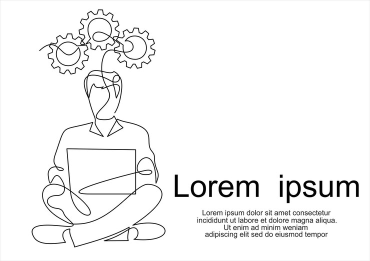 Vector hombre con laptop y bombillas en la cabeza. ilustración en blanco y negro de un hombre con laptop y bombillas en la cabeza.