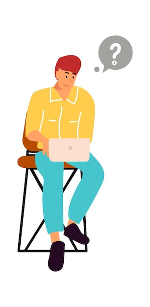 Hombre con laptop enviando mensaje o foto Adolescente de dibujos animados sentado en una silla alta con burbujas de discurso preguntando Aplicación de teléfono inteligente de mensajería en línea Redes sociales vector ilustración aislada