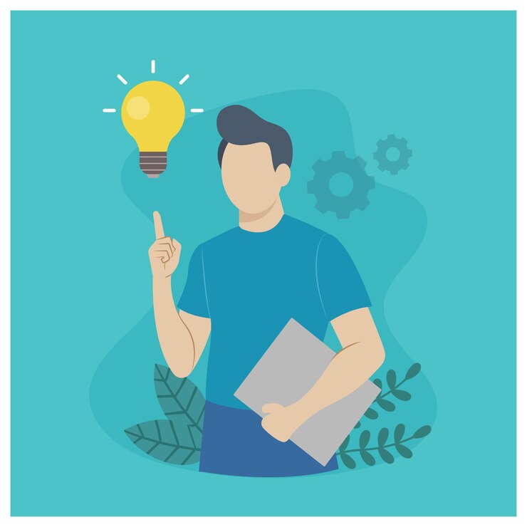 Vector hombre con laptop que tiene una idea de negocio creativa