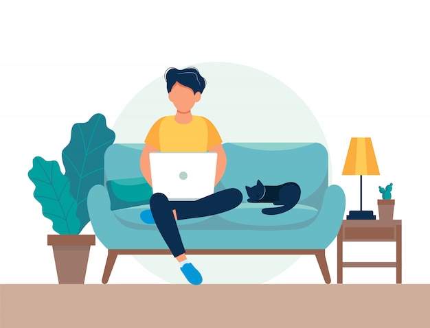 Hombre con laptop en el sofá. concepto independiente o de estudio.