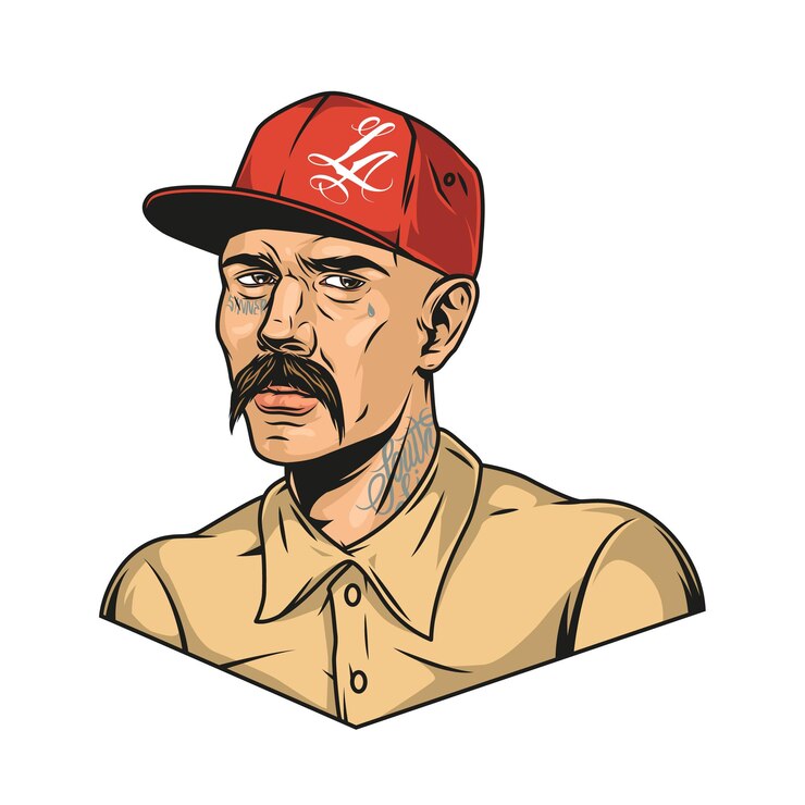 Vector hombre latino con bigote y tatuajes con gorra de béisbol roja y camisa en estilo vintage ilustración aislada