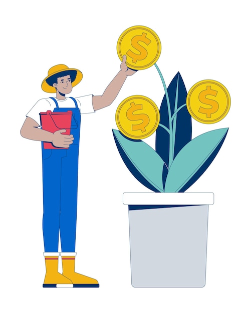 Hombre latino granjero que cultiva planta de monedas personaje de dibujos animados 2D