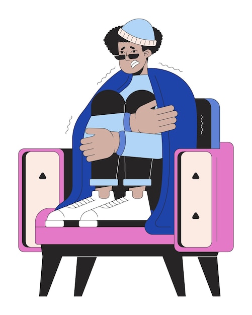 Hombre latino en sillón sentado bajo una manta personaje de dibujos animados lineal 2D