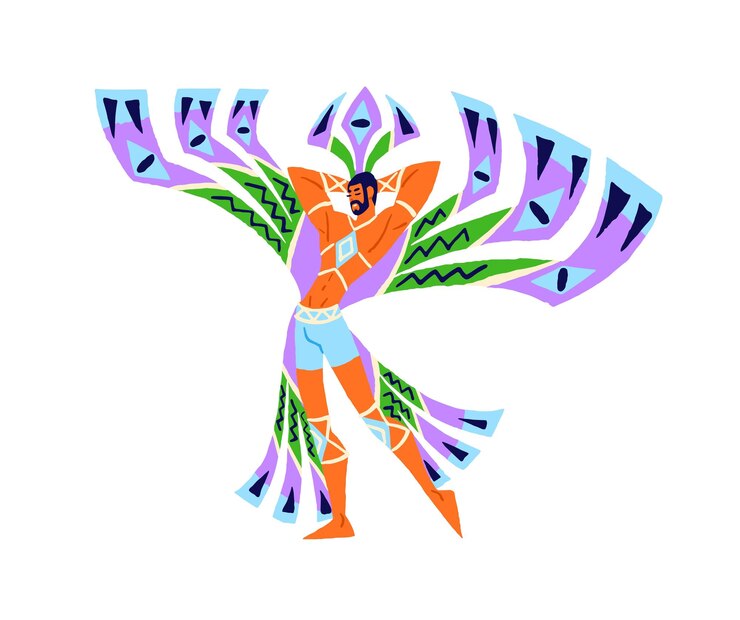 Vector hombre latinoamericano en disfraces festivos baila en el desfile de la fiesta en brasil bailarín brasileño actúa en el carnaval de río vacaciones tradicionales de verano ilustración vectorial aislada plana sobre fondo blanco