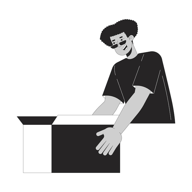 Hombre latinoamericano feliz sosteniendo una caja personaje de dibujos animados en línea 2D en blanco y negro