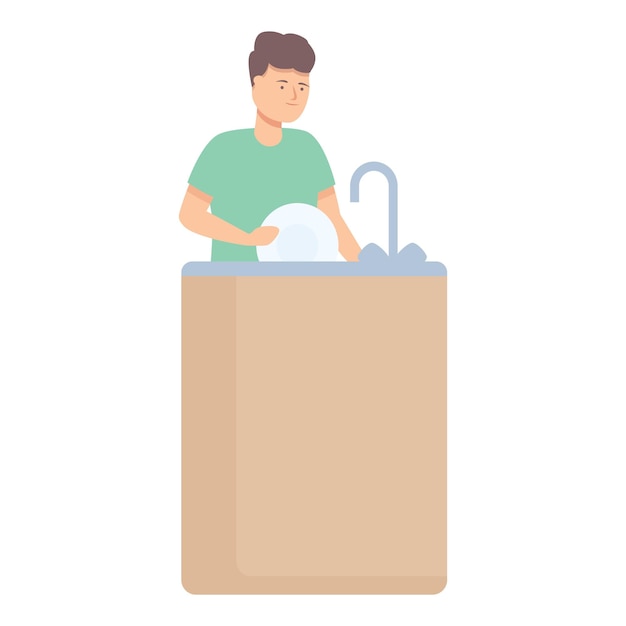 Hombre lavando los platos icono vector de dibujos animados cocina tareas domésticas fregadero con platos sucios
