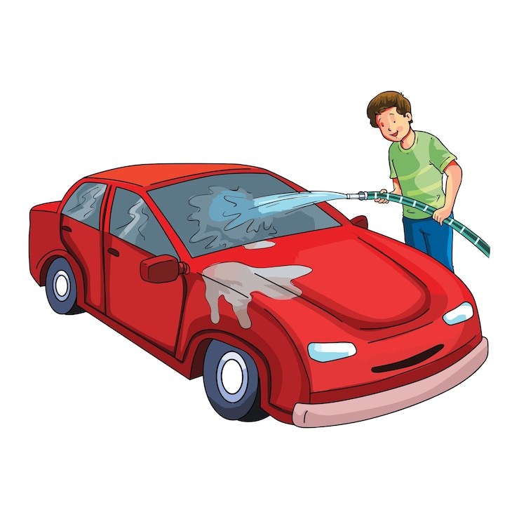 Vector hombre lavando su coche rojo