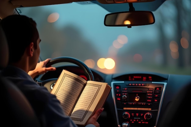 Un hombre lee un libro del Sagrado Corán en un coche durante un largo viaje