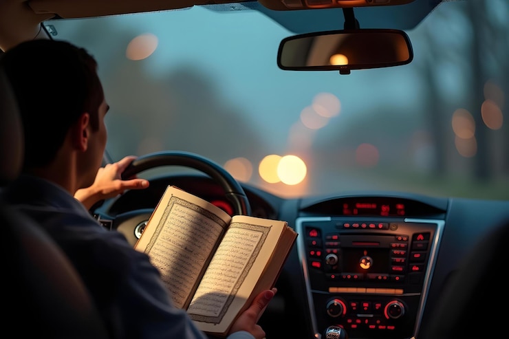 Vector un hombre lee un libro del sagrado corán en un coche durante un largo viaje