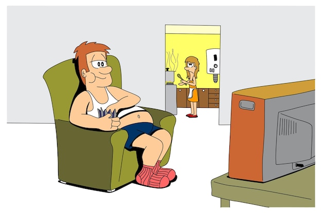Hombre leniente y lindo viendo la televisión sentado en el sofá de la sala de estar y comiendo mientras su esposa cocina