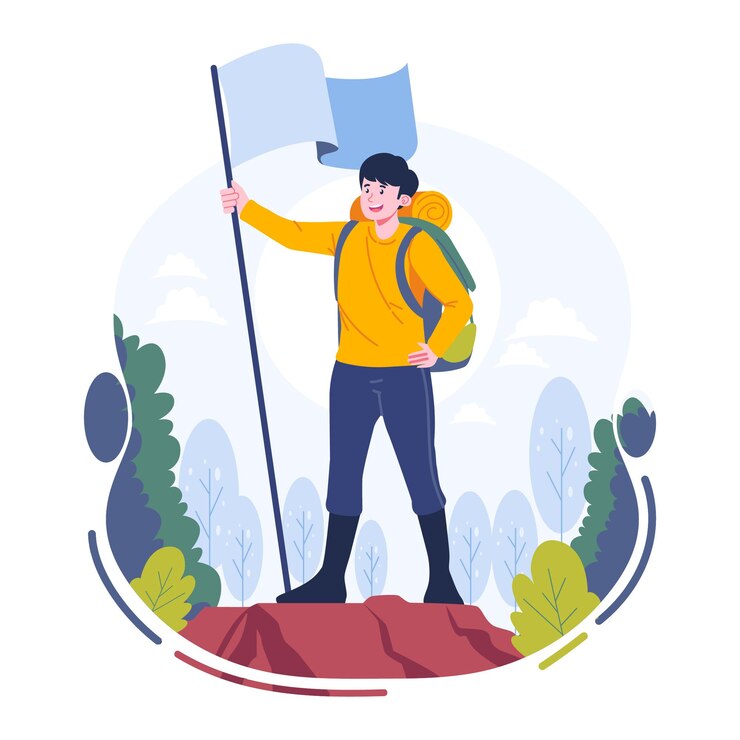 Un hombre levanta la bandera en la cima de la montaña