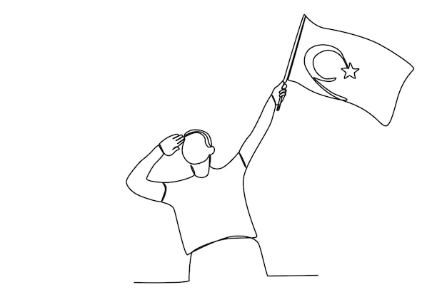 Un hombre levanta una bandera turca mientras saluda el dibujo de una línea de 15 Temmuz