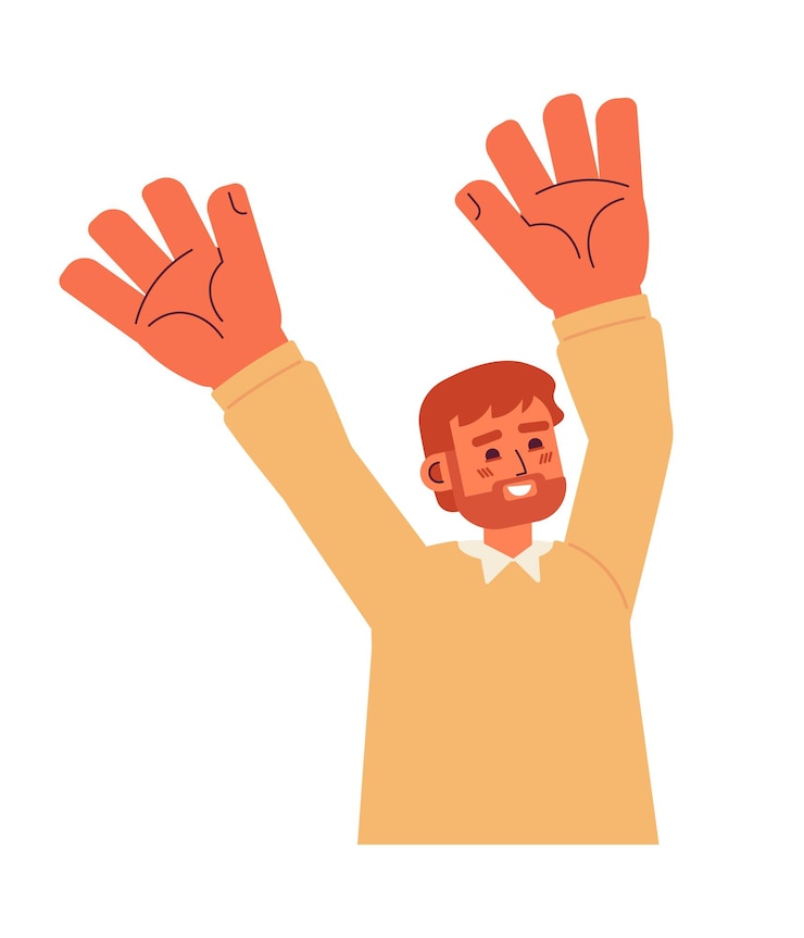 Vector hombre levantando las manos hacia arriba personaje vectorial de color semi plano chico caucásico alegre persona de medio cuerpo editable en blanco ilustración simple de dibujos animados para diseño gráfico web