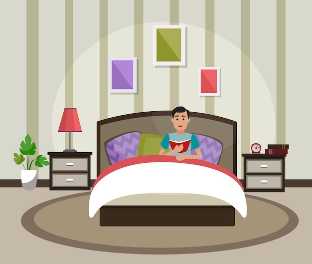 Un hombre está leyendo un libro en la cama interior del dormitorio ilustración vectorial