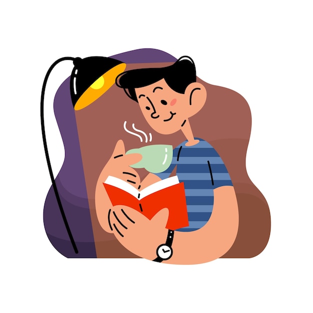 Hombre leyendo el libro y disfrutando de la ilustración de vector plano de té