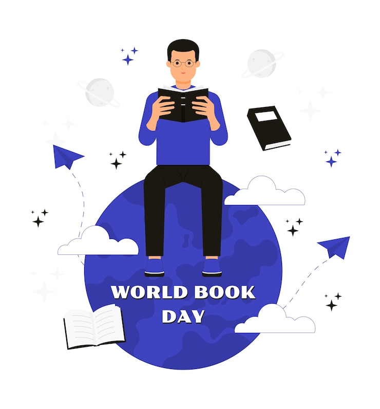 Vector un hombre leyendo un libro en un globo terráqueo con las palabras día mundial del libro día mundial del libro