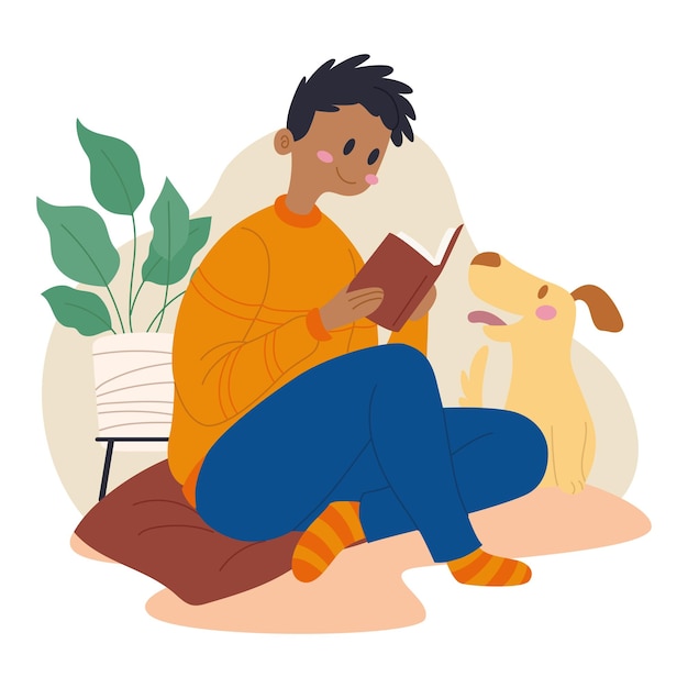 Hombre leyendo un libro happy dog cartoon hygee estilo de vida vector