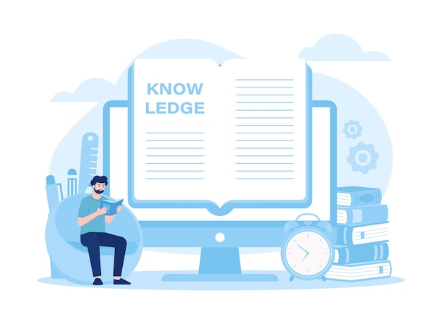 Un hombre leyendo un libro en línea en una pantalla de computadora concepto de tendencia ilustración plana