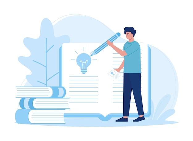 Un hombre leyendo un libro y navegando tendencia concepto ilustración plana