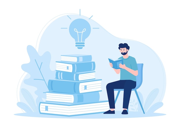 Un hombre leyendo un libro y navegando tendencia concepto ilustración plana