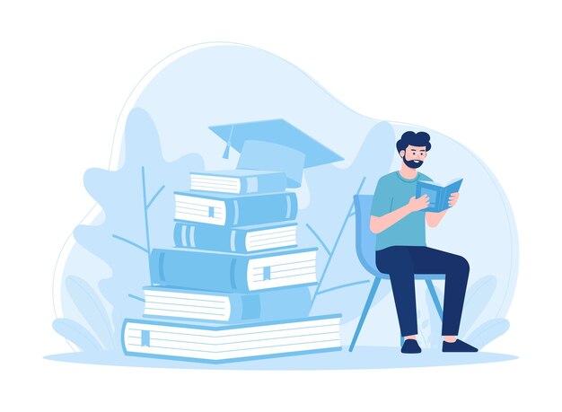 un hombre leyendo un libro sentado en una silla concepto ilustración plana