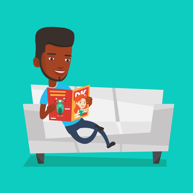 Hombre leyendo una revista en la ilustración del sofá