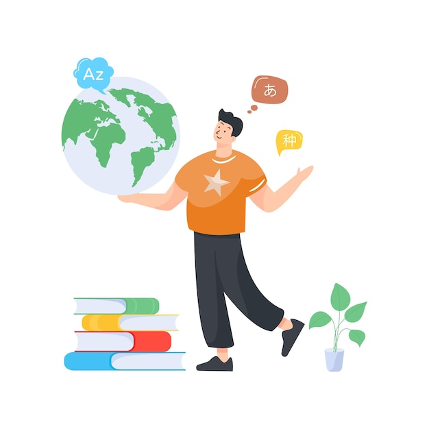 Hombre con libros y una ilustración plana de globo de educación extranjera