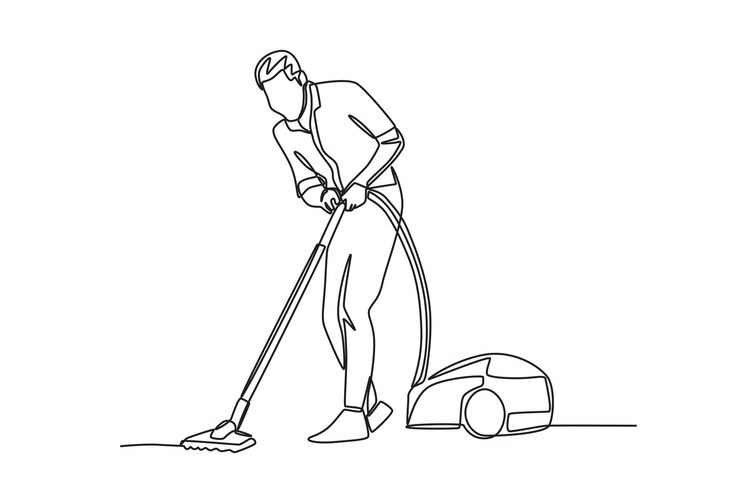 Vector hombre limpiando la casa con una aspiradora haciendo tareas domésticas concepto dibujo en línea