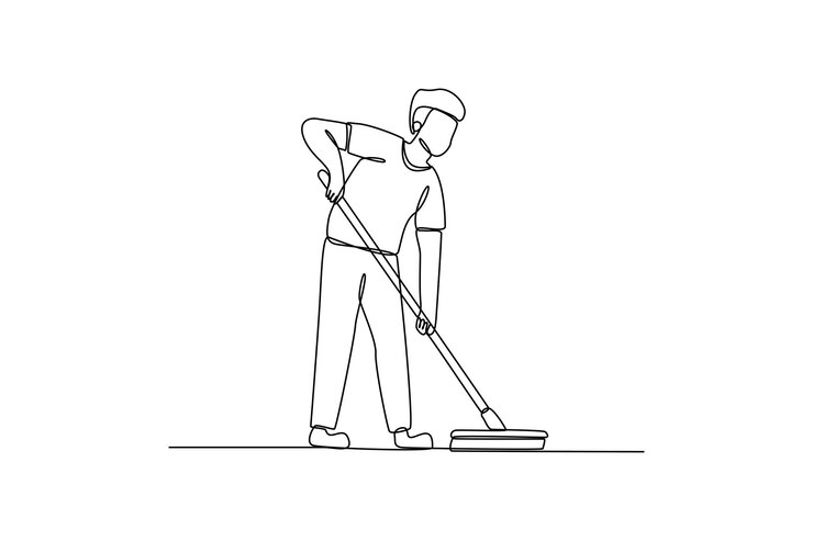 Vector hombre limpiando el jardín cooperación mutua y trabajo en equipo concepto minimalista en blanco y negro