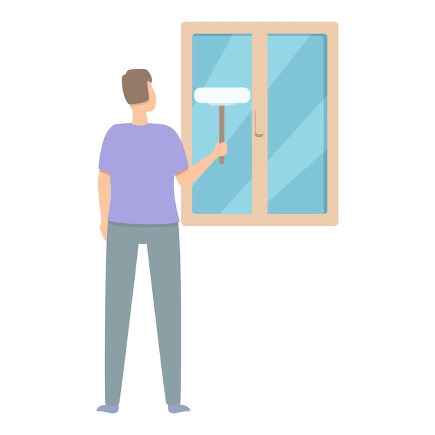 Hombre limpiando la ventana de la casa icono vector de dibujos animados herramienta de limpieza de vidrio solución de rociado desinfectante