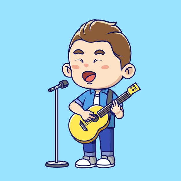 Hombre lindo cantando con guitarra Vector mascota Ilustración gente pasatiempo aislado